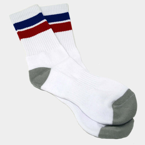 Retro vintage oldschool blue and red socks. Worn by bodybuilding legends Arnold Schwarzenegger, Mike Mentzer, and Frank Zane among others. These striped socks look like they are straight out of the 1970's and 1980's, true Goldenera style.